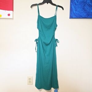 Cupshe Teal Ribbed Ruched Side Tie Midi Dress NWT Medium 4-Way Stretch